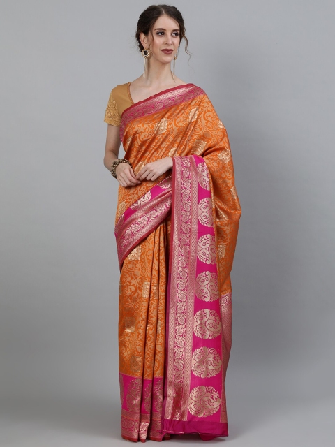 

Ishin Orange & Pink Ethnic Motifs Zari Art Silk Heavy Work Kanjeevaram Saree