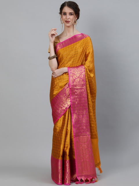 

Ishin Mustard & Pink Checked Zari Art Silk Heavy Work Banarasi Saree