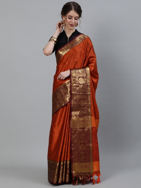 

Ishin Orange & Maroon Ethnic Motifs Zari Art Silk Heavy Work Kanjeevaram Saree