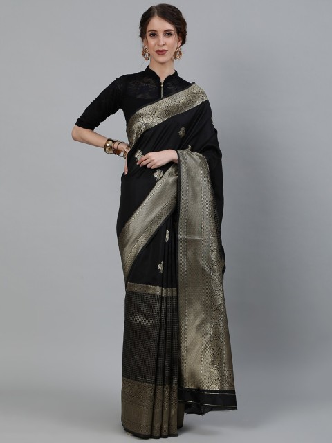 

Ishin Black & Gold-Toned Woven Design Zari Art Silk Heavy Work Banarasi Saree