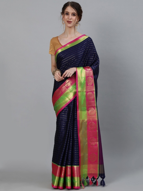 

Ishin Navy Blue & Pink Striped Zari Art Silk Banarasi Saree