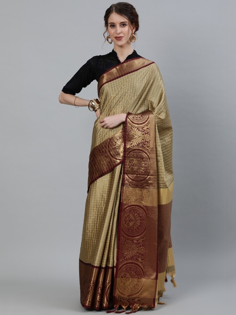 

Ishin Beige & Maroon Checked Zari Art Silk Heavy Work Banarasi Saree