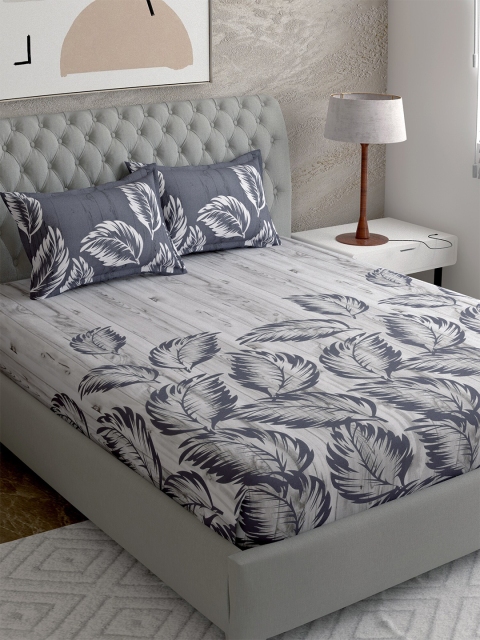 

EverHOME Grey & White Floral Cotton Satin 210 TC King Bedsheet with 2 Pillow Covers