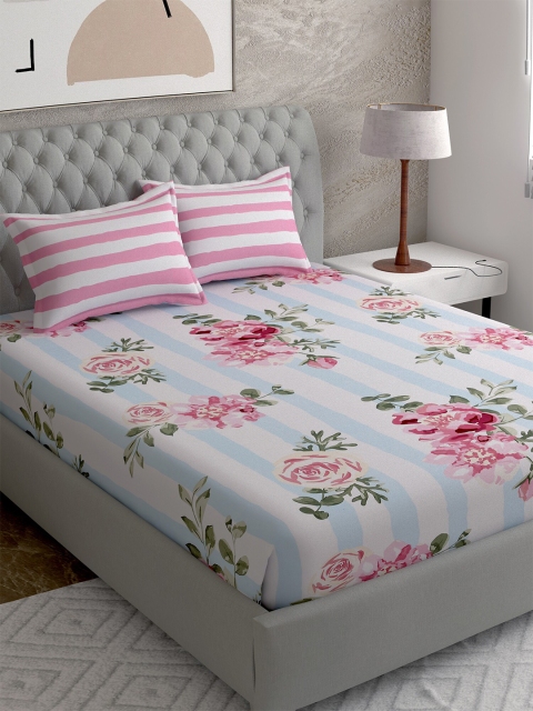 

EverHOME Off White & Pink Floral Cotton Satin 210 TC King Bedsheet with 2 Pillow Covers