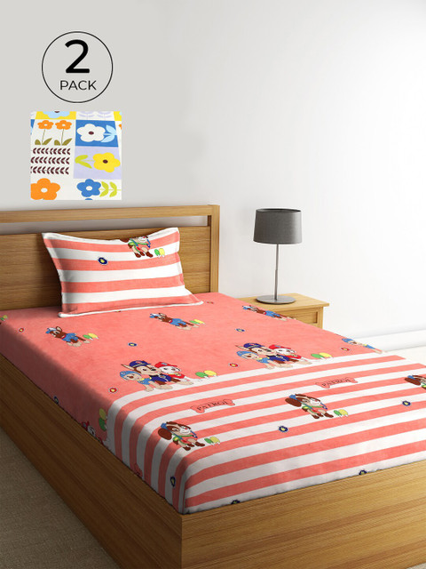 

KLOTTHE Pack of 2 Multicoloured Cartoon Characters 210 TC Single Bedsheet & Pillow Covers, Multi