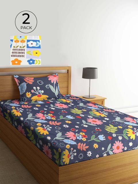 

KLOTTHE Pack of 2 Multicoloured Floral 210 TC Single Bedsheet with Pillow Covers, Multi