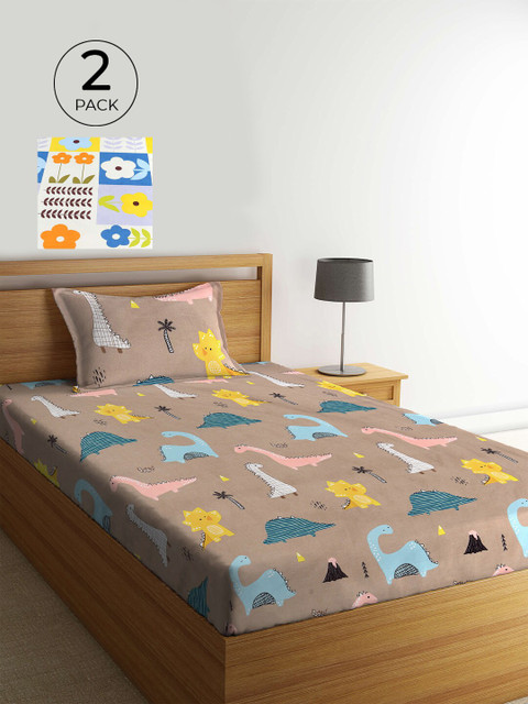 

KLOTTHE Pack of 2 Multicoloured Cartoon Characters 210 TC Single Bedsheet & Pillow Covers, Multi