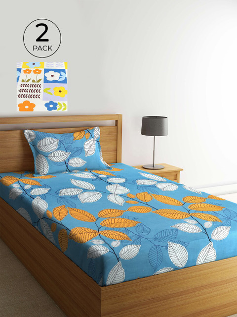 

KLOTTHE Pack of 2 Multicoloured Floral 210 TC Single Bedsheet with Pillow Covers, Multi