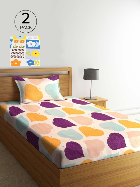 

KLOTTHE Pack of 2 Multicoloured Floral 210 TC Single Bedsheet with Pillow Covers, Multi