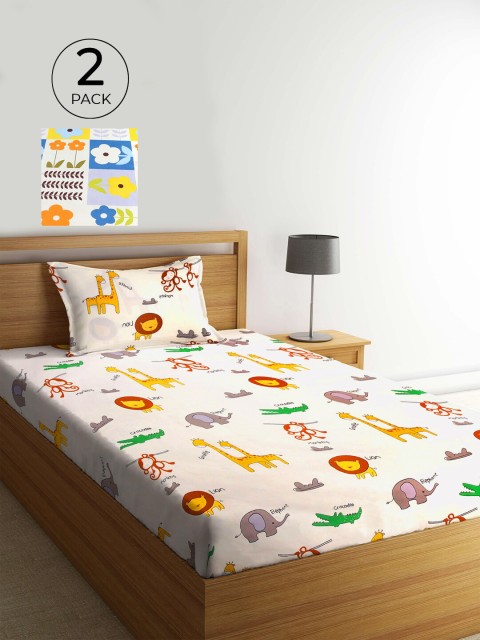 

KLOTTHE Pack of 2 Multicoloured Cartoon Characters 210 TC Single Bedsheet & Pillow Covers, White