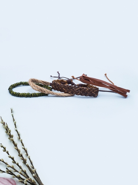 

Golden Peacock Men 4 Brown & Green Leather Handcrafted Multistrand Bracelet