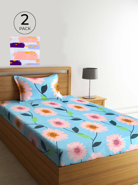 

KLOTTHE Pack of 2 Multicoloured Floral 210 TC Single Bedsheet & Pillow Covers, Multi