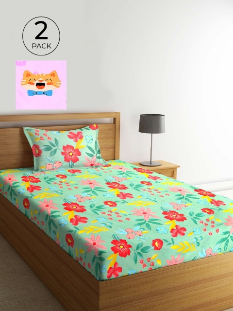 

KLOTTHE Pack of 2 Multicoloured Floral 210 TC Single Bedsheet & Pillow Covers, Multi