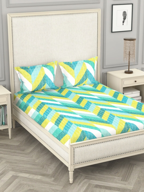 

BIANCA Green & White Geometric 110 TC Queen Bedsheet with 2 Pillow Covers