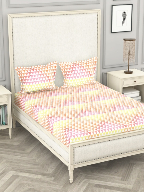 

BIANCA Orange & Magenta Geometric 110 TC Queen Bedsheet with 2 Pillow Covers