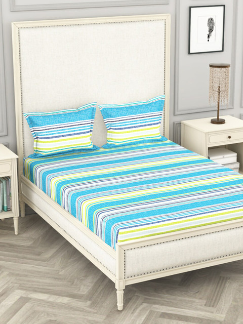 

BIANCA Blue & Green Striped 110 TC Queen Bedsheet with 2 Pillow Covers