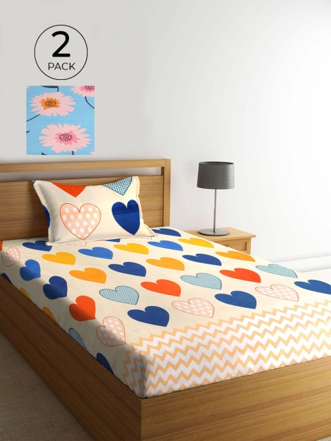 

KLOTTHE Turquoise Blue & Peach-Coloured Graphic 210 TC 2 Single Bedsheet with 2 Pillow Covers