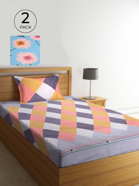 

KLOTTHE Pink & Lavender Geometric 210 TC 2 Single Bedsheet with 2 Pillow Covers
