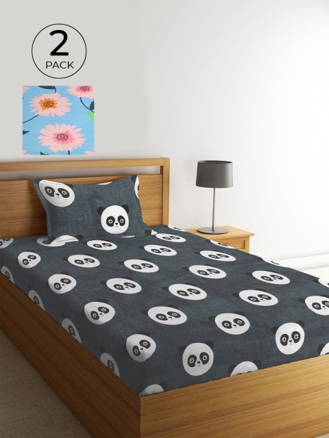 

KLOTTHE Grey & Blue Floral 210 TC 2 Single Bedsheet with 2 Pillow Covers