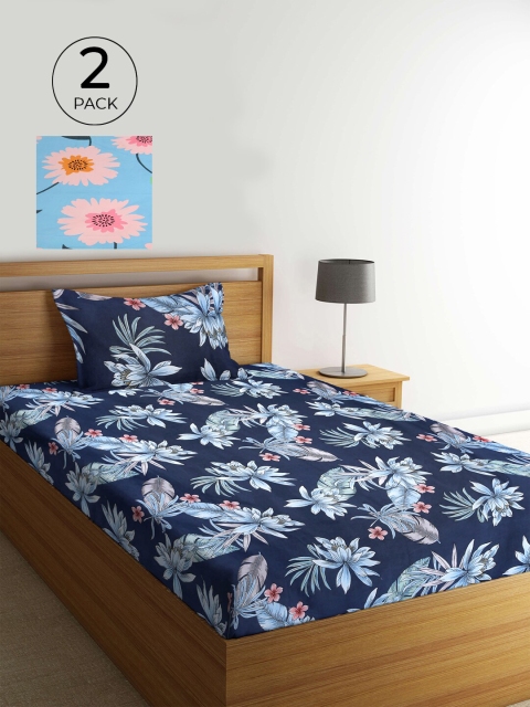 

KLOTTHE Blue & Pink Floral 210 TC 2 Single Bedsheet with 2 Pillow Covers