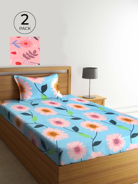 

KLOTTHE Blue & Pink Floral 210 TC 2 Single Bedsheet with 2 Pillow Covers