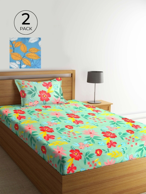 

KLOTTHE Blue & Green Floral 210 TC 2 Single Bedsheet with 2 Pillow Covers