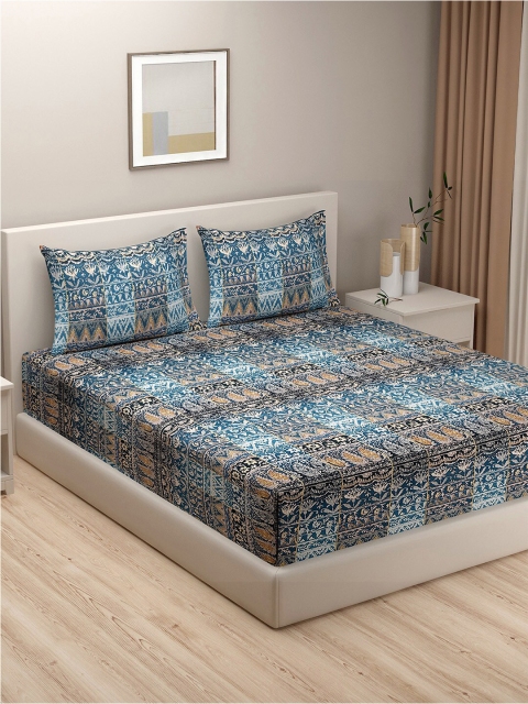 

SWAYAM Blue & Orange Ethnic Motifs 180 TC King Bedsheet with 2 Pillow Covers