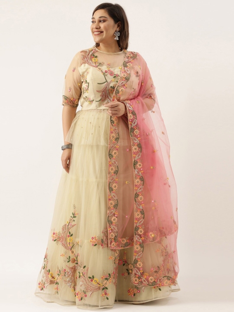 

panchhi Cream-Coloured & Pink Embroidered Sequinned Semi-Stitched Lehenga & Unstitched Blouse With Dupatta