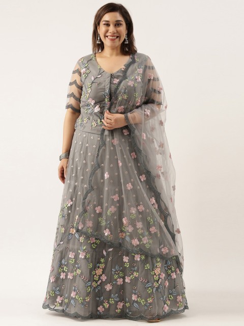 

panchhi Grey & Pink Embroidered Sequinned Semi-Stitched Lehenga & Unstitched Blouse With Dupatta