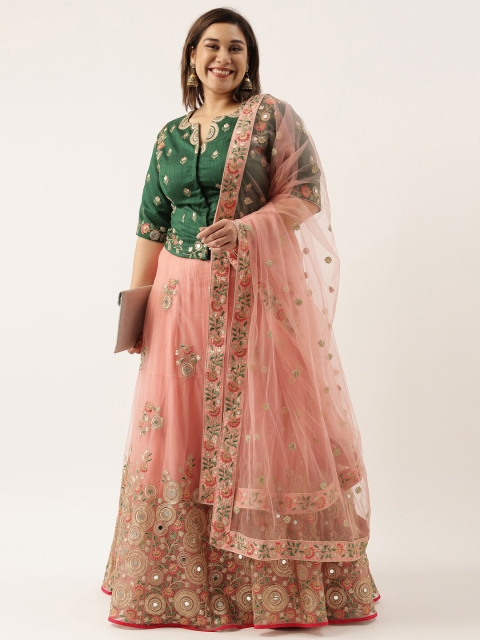 

panchhi Pink & Green Embroidered Mirror Work Semi-Stitched Lehenga & Unstitched Blouse With Dupatta