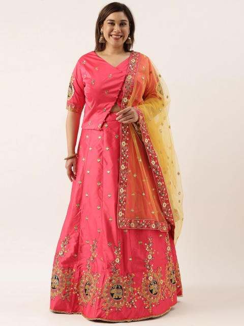 

panchhi Pink & Yellow Embroidered Sequinned Semi-Stitched Lehenga & Unstitched Blouse With Dupatta