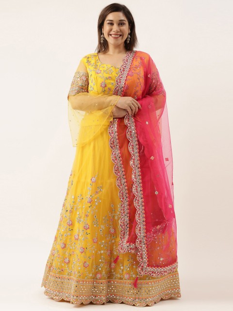 

panchhi Mustard & Silver-Toned Embroidered Mirror Work Semi-Stitched Lehenga & Unstitched Blouse With