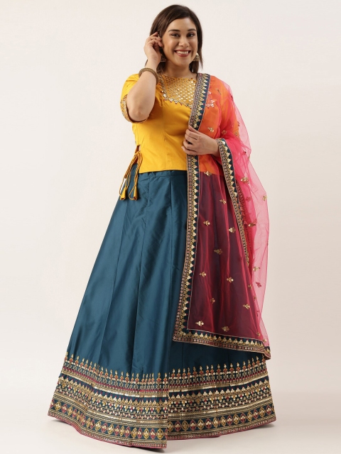 

panchhi Teal Blue & Yellow Semi-Stitched Lehenga & Unstitched Blouse With Dupatta