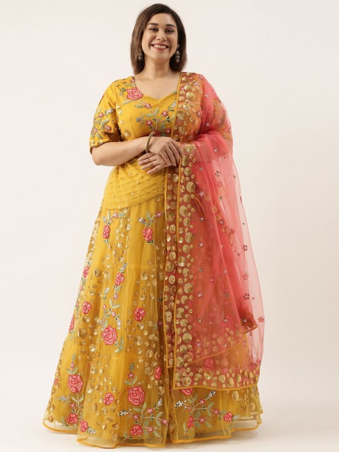 

panchhi Mustard & Gold-Toned Embroidered Patchwork Semi-Stitched Lehenga & Unstitched Blouse With Dupatta