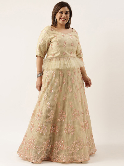 

panchhi Beige & Peach-Coloured Embroidered Sequinned Semi-Stitched Lehenga & Unstitched Blouse With Dupatta