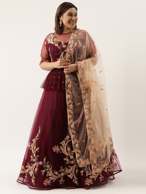 

panchhi Burgundy & Yellow Embroidered Sequinned Semi-Stitched Lehenga & Unstitched Blouse With Dupatta