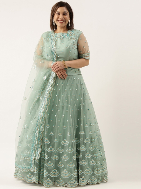 

panchhi Turquoise Blue & Gold-Toned Embroidered Sequinned Semi-Stitched Lehenga & Unstitched Blouse With
