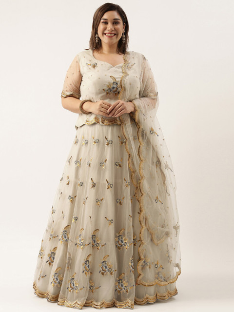 

panchhi Grey & Gold-Toned Embroidered Sequinned Semi-Stitched Lehenga & Unstitched Blouse With Dupatta
