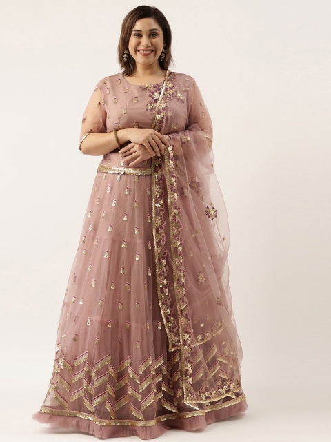 

panchhi Rose Gold & Purple Embroidered Sequinned Semi-Stitched Lehenga & Unstitched Blouse With Dupatta