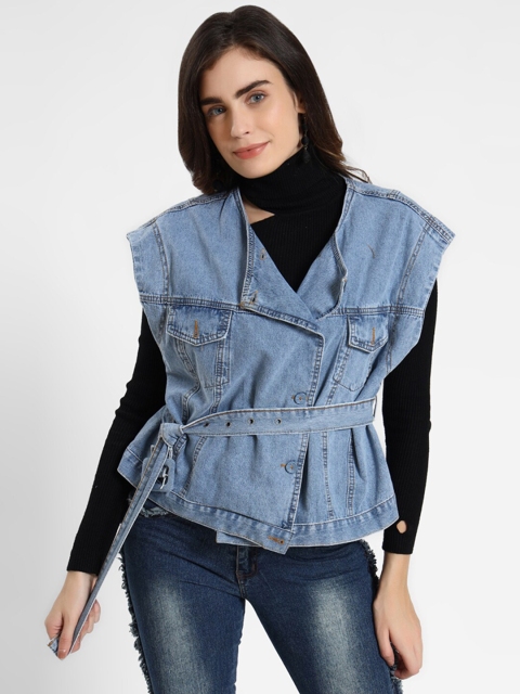 

iki chic Women Navy Blue Washed Belted Pure Cotton Denim Jacket