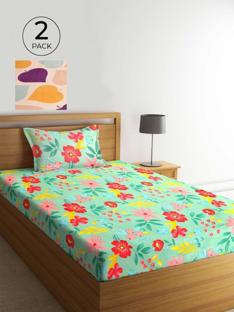 

KLOTTHE Set Of 2 Multicoloured Printed Cotton 210 TC Single Bedsheet with Pillow Covers, Multi