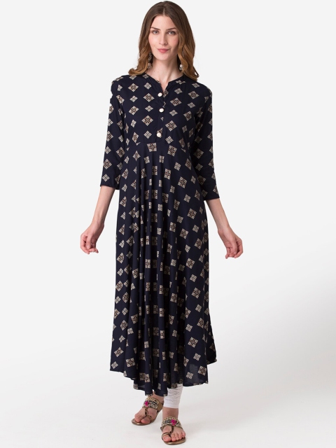 

FASHION DEPTH Women Navy Blue & White Ethnic Motifs Printed Anarkali Kurta