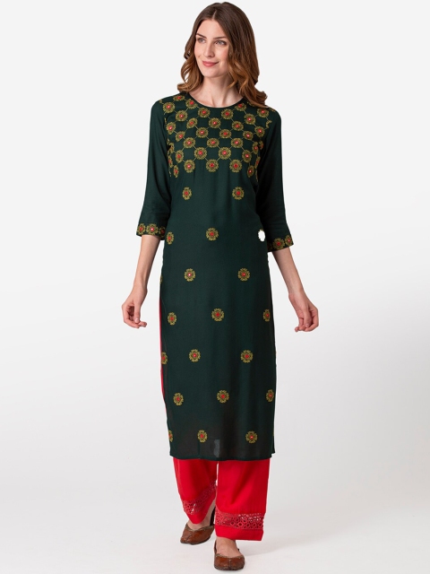 

FASHION DEPTH Women Green & Yellow Ethnic Motifs Embroidered Kurta