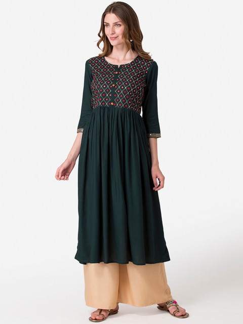

FASHION DEPTH Women Green Thread Work Anarkali Kurta