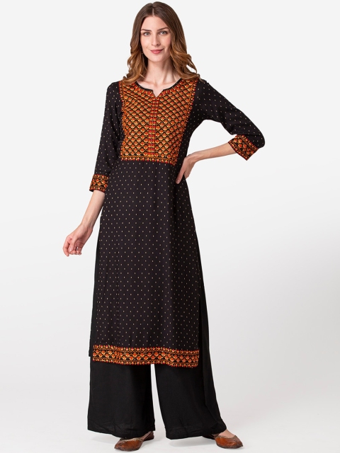 

FASHION DEPTH Women Black & Mustard Yellow Geometric Yoke Design Kurta
