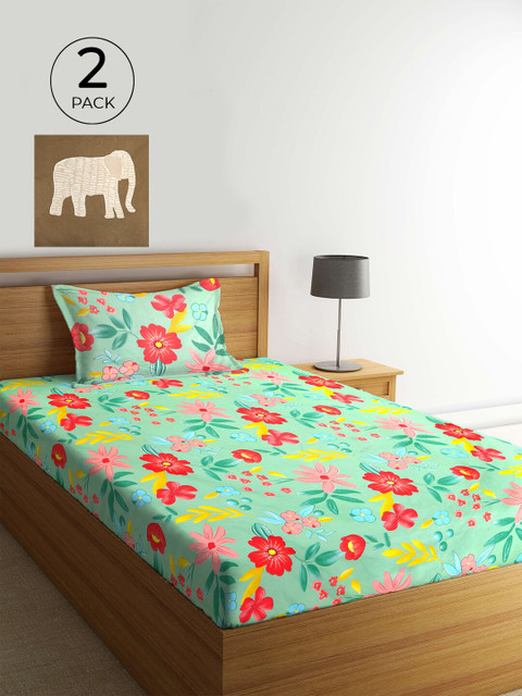 

KLOTTHE Green & Red Floral 210 TC 2 Single Bedsheet with 2 Pillow Covers