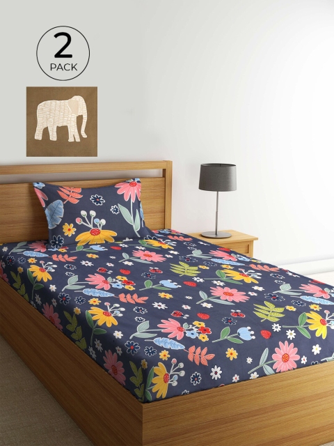 

KLOTTHE Blue & Brown Floral 210 TC 2 Single Bedsheet with 2 Pillow Covers