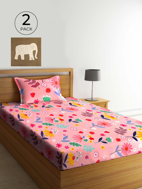 

KLOTTHE Pink & Tan Floral 210 TC 2 Single Bedsheet with 2 Pillow Covers
