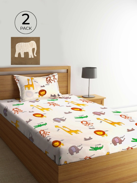 

KLOTTHE White & Brown Cartoon Characters 210 TC 2 Single Bedsheet with 2 Pillow Covers