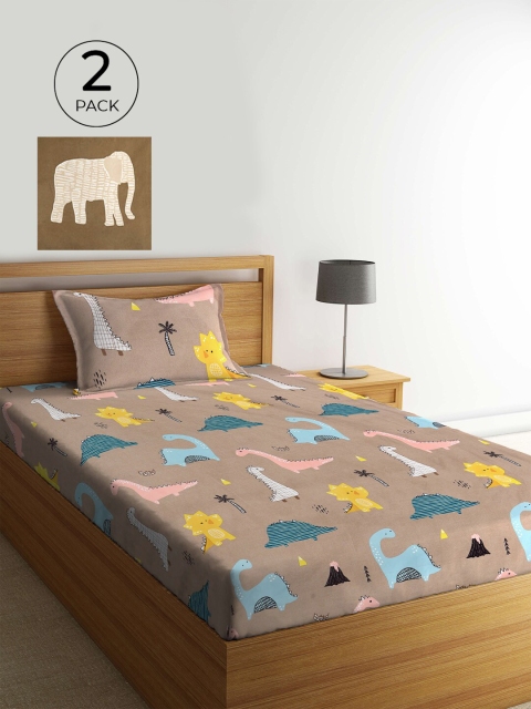 

KLOTTHE Brown & Beige Cartoon Characters 210 TC 2 Single Bedsheet with 2 Pillow Covers
